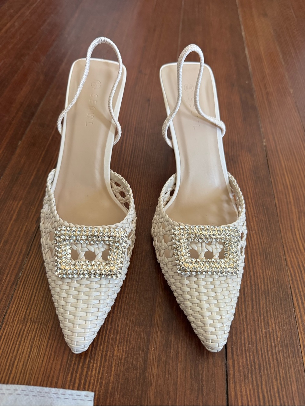 ASOS Cream Woven Pointed Slingback Heels with Rhinestone Buckle